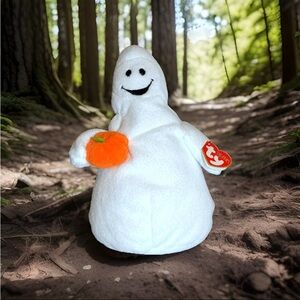 Ty Pluffies Ghost Plush Shudder with Orange Pumpkin Halloween Decor